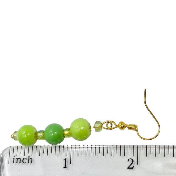 Murano Style Art Glass Bead Ball Earrings Lime Green Gold Plated Seed Beads - Picture 6 of 6
